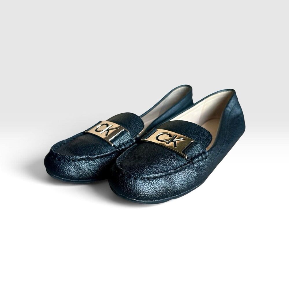 Calvin Klein KOLONIE-R Womens 8M Black Loafers Flats Silver CK Logo Shoes